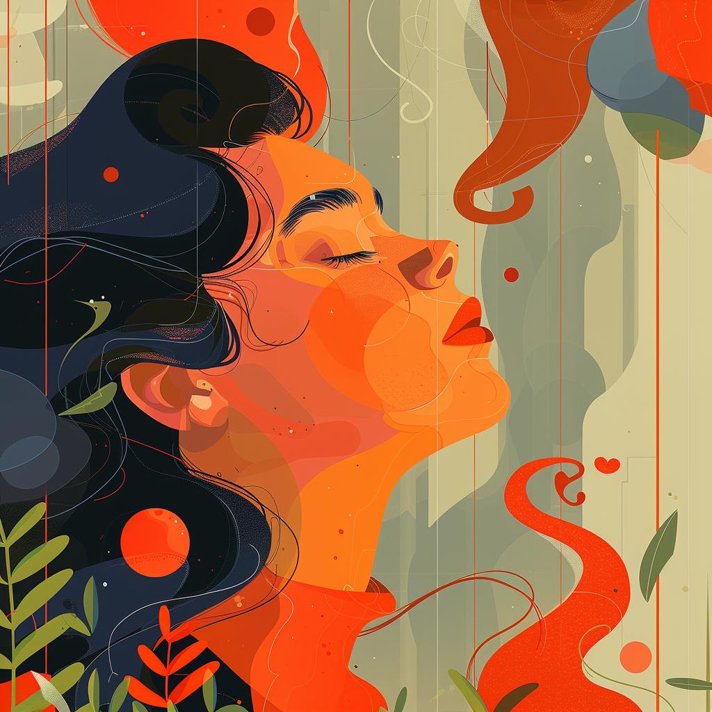 woman  eyes  closed  red  orange  background  retrofuturism  artistic  colorful  dreamy 944336