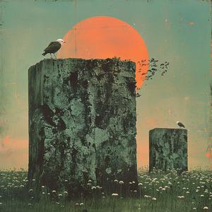 surreal  album  cover  sunset  field  birds  Risograph  Symbolist  hyper-realistic  creative 1079405