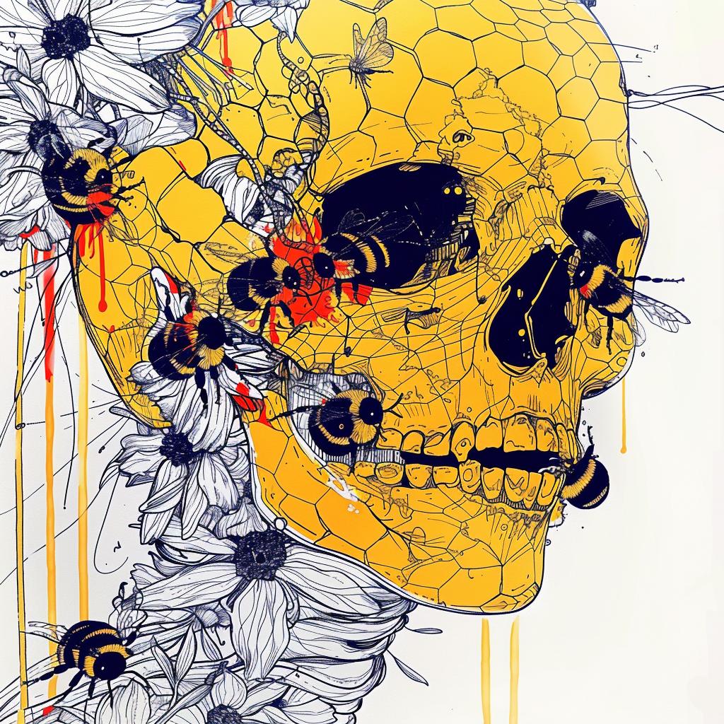 skull  bees  honeycomb  animation  vibrant  illustration  nature  symbolism  colorful  artwork 944717
