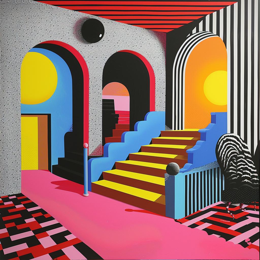 surreal  colorful  room  stairs  hyper-realistic  screenprinting  Nathalie  Du  Pasquier  creative 960465