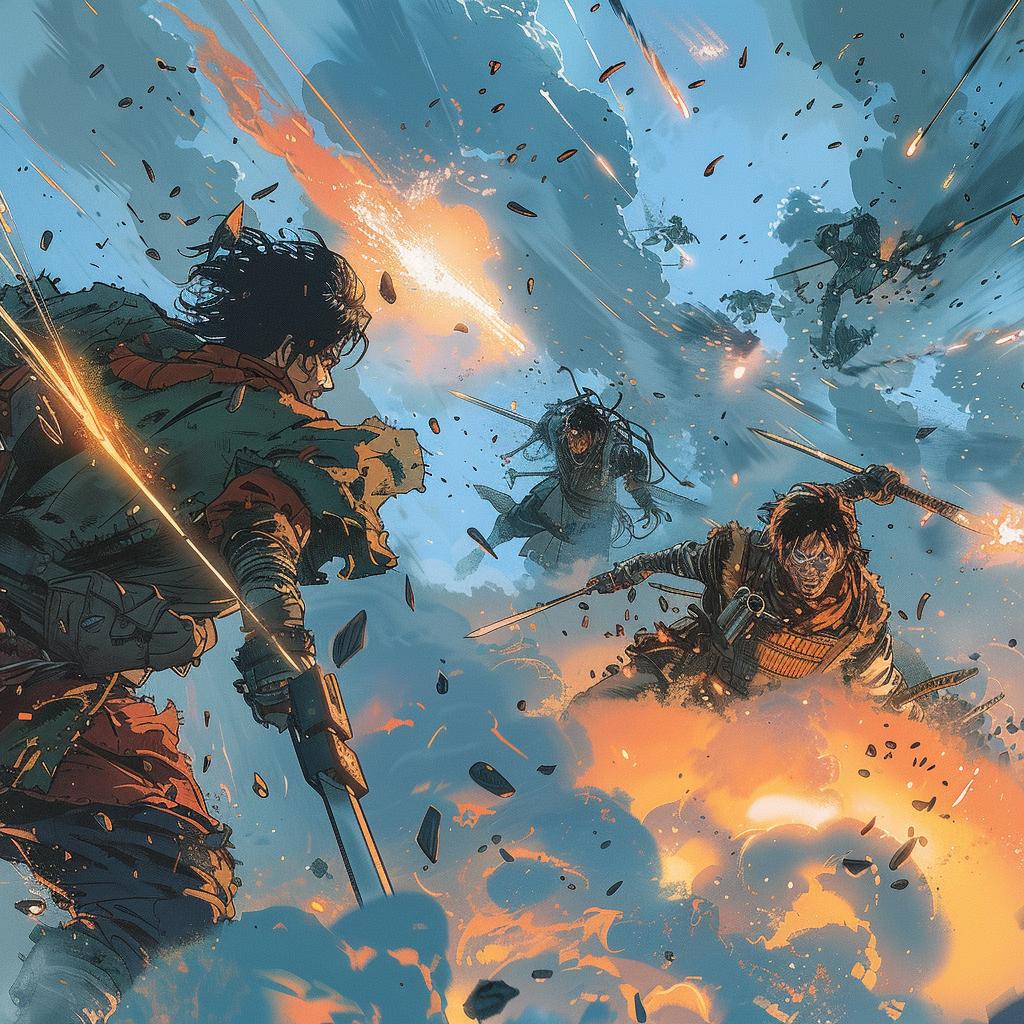 90s  anime  machine  battle  fog  fire  swords  axes  characters  illustration 1029273