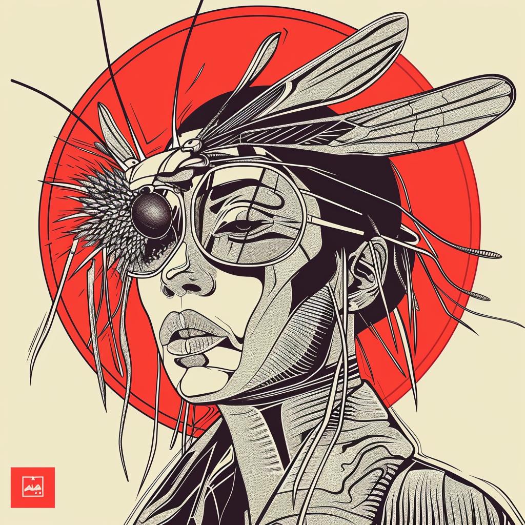 surreal  album  cover  grasshopper  Yoshitoshi  hyper-realistic  screenprinting  symbolist  insect  eyes 939548