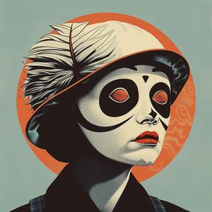 surreal  album  cover  woman  skull  mask  Risograph  Symbolist  hyper-realistic  screenprinting 1077617