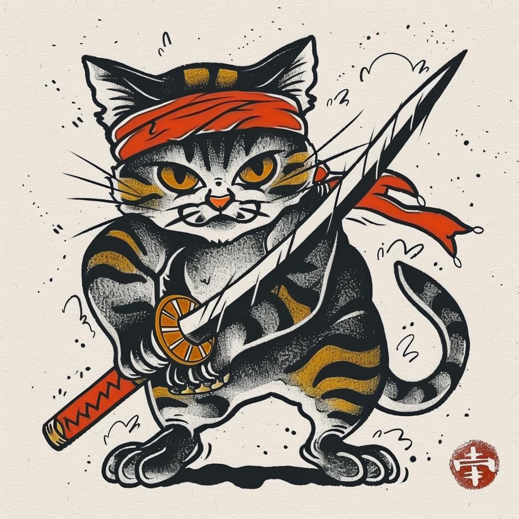 tattoo  cat  ninja  anthropomorphic  bold  garden  samurai  fullbody  detailed  design 928021