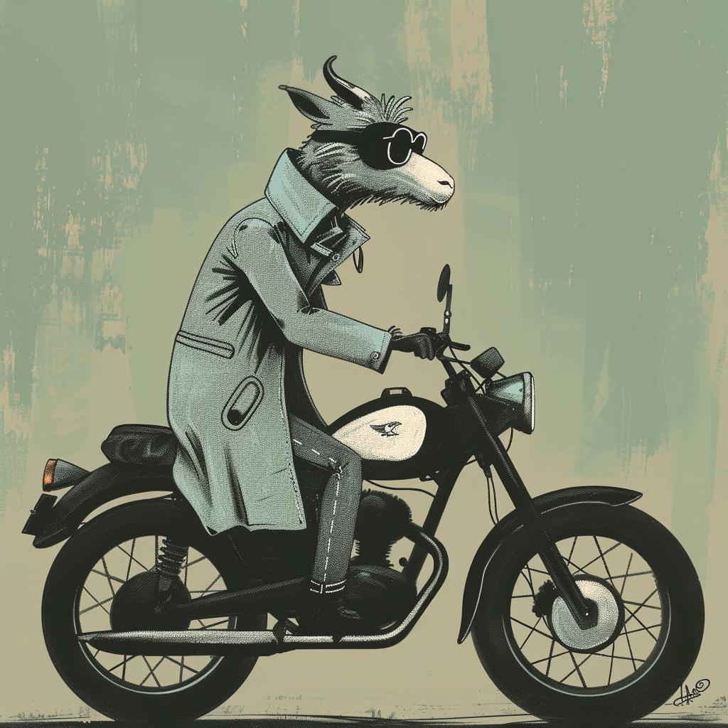goat  trenchcoat  motorcycle  animal  cartoon  funny  quirky  humorous  situation  surreal 1021496