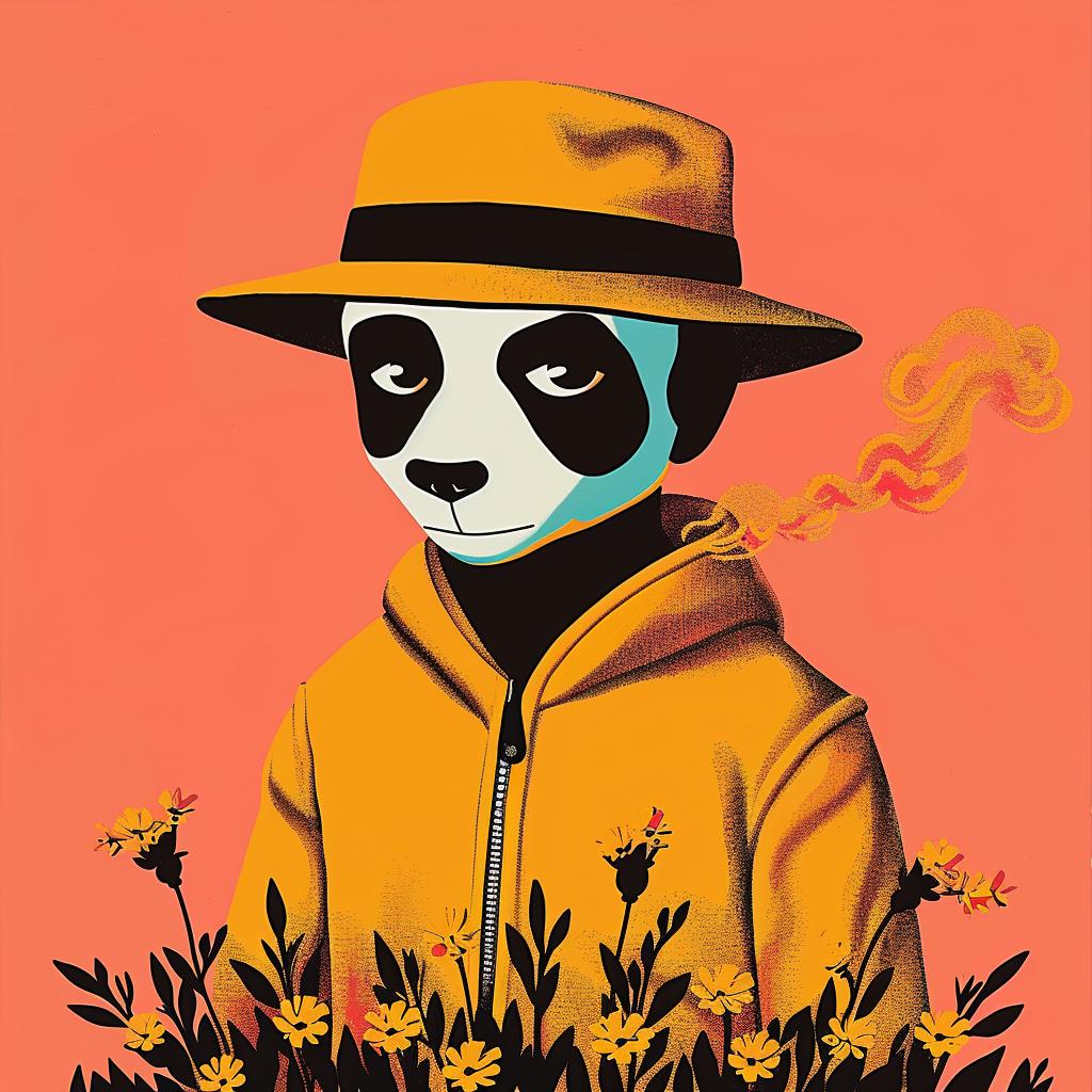 surreal  album  cover  panda  hat  jacket  flowers  colorful  art  whimsical 1018708