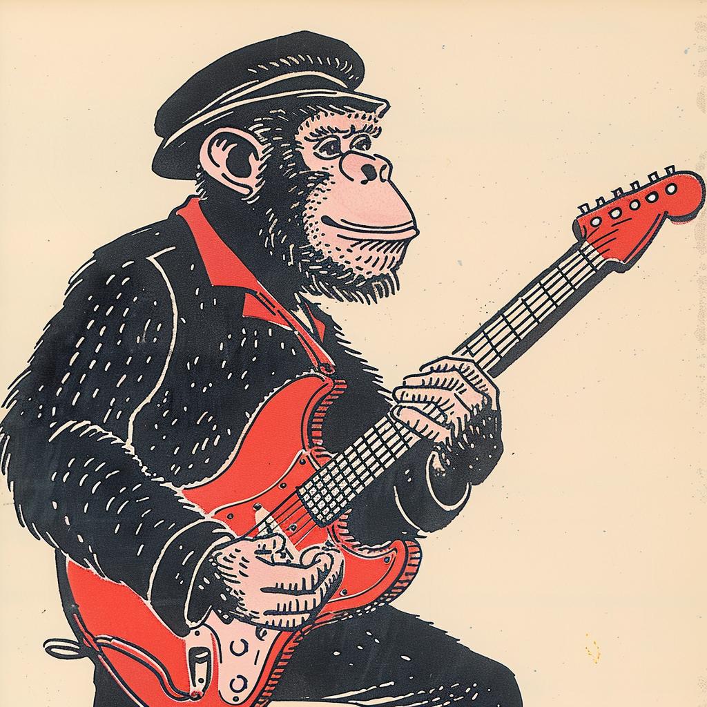 poster  chimp  guitar  hat  music  humor  Moebius  playful  artwork  anthropomorphic 922493