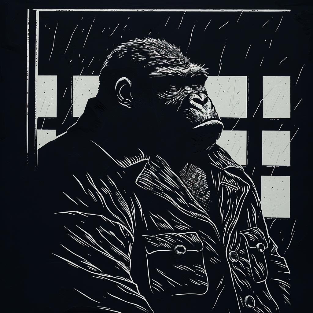gorilla  prison  rain  criminal  anthropomorphic  jacket  satire  humor  character  illustration 1025720