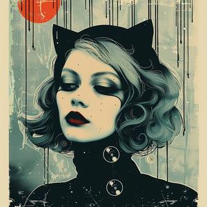woman  cat  ears  red  sun  surreal  risograph  album  cover  symbolist 1074780