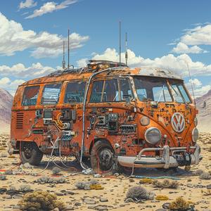 VW  van  desert  time  machine  rusted  electronics  mechanical  Moebius  Stalenhag 1060447