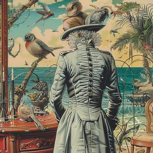 woman  dress  birds  room  contemplative  chromolithography  indoor  nature  serene  dreamlike 1037828
