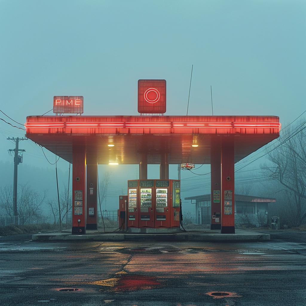 double  exposure  lifestyle  gas  station  red  lights  unusual  surreal  night 1030403