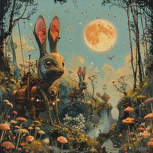 rabbit  train  painting  cute  animal  colorful  chromo  artwork  whimsical  scene 1060106