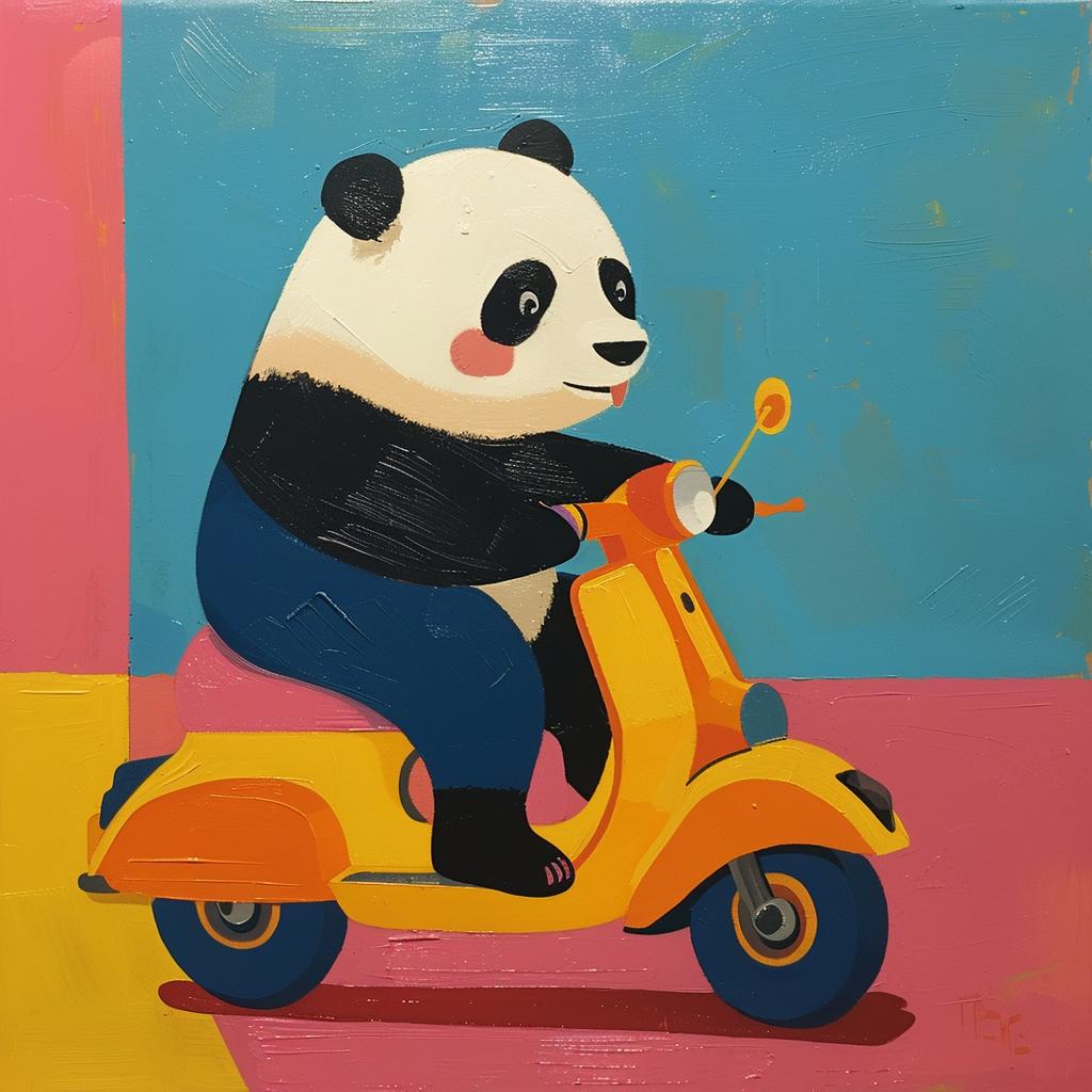 panda  scooter  Joan  Cornella  playful  cartoon  colorful  cute  whimsical  art 1021890