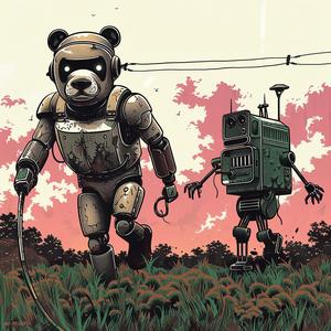 bear  robot  grass  surreal  album  cover  screenprinting  Symbolist  hyper-realistic  art 1077895
