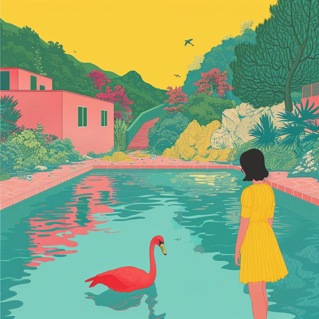 surreal  woman  yellow  dress  pool  flamingo  album  cover  art  style 977174