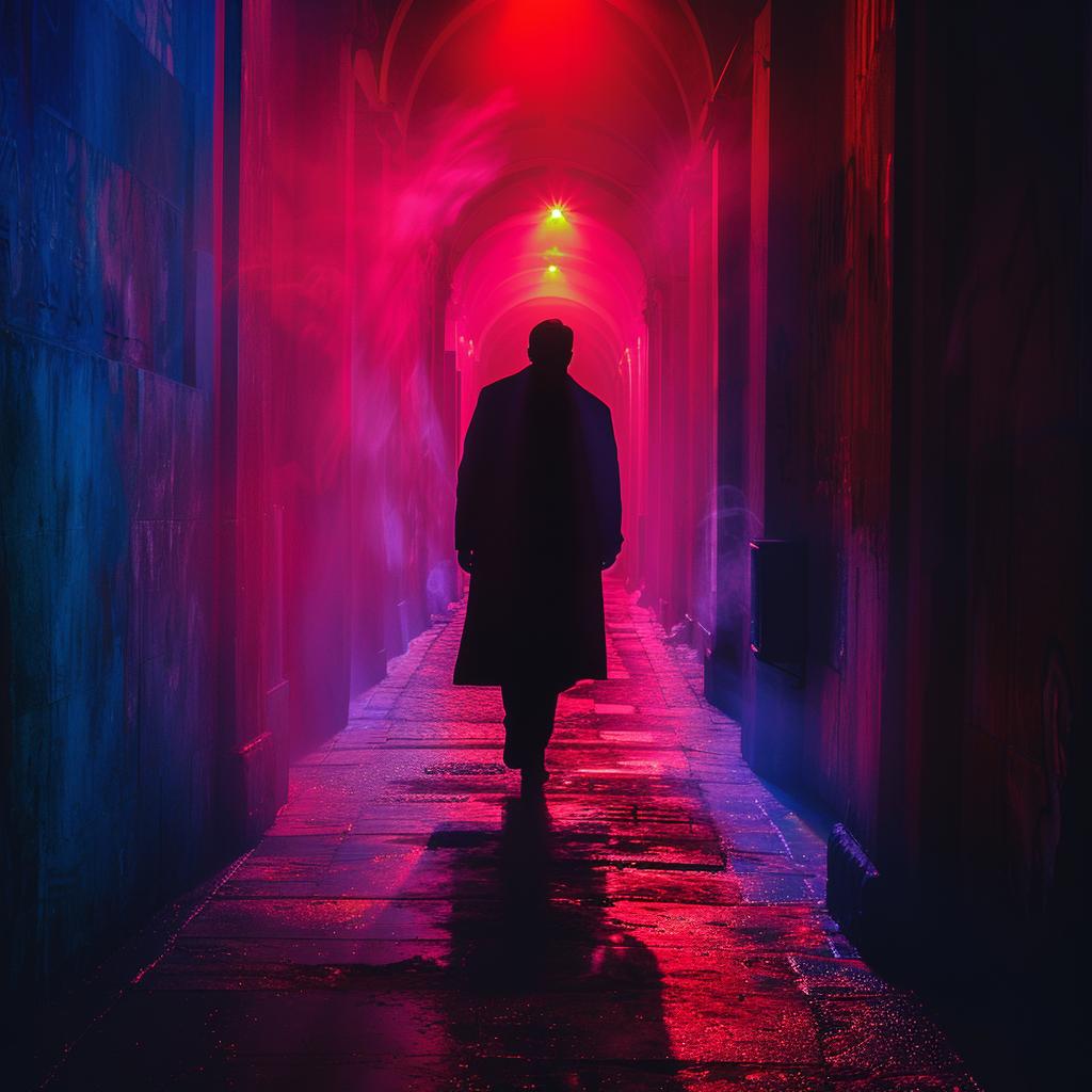 man  alleyway  red  blue  lights  surreal  urban  photo  lighting  glow 965987