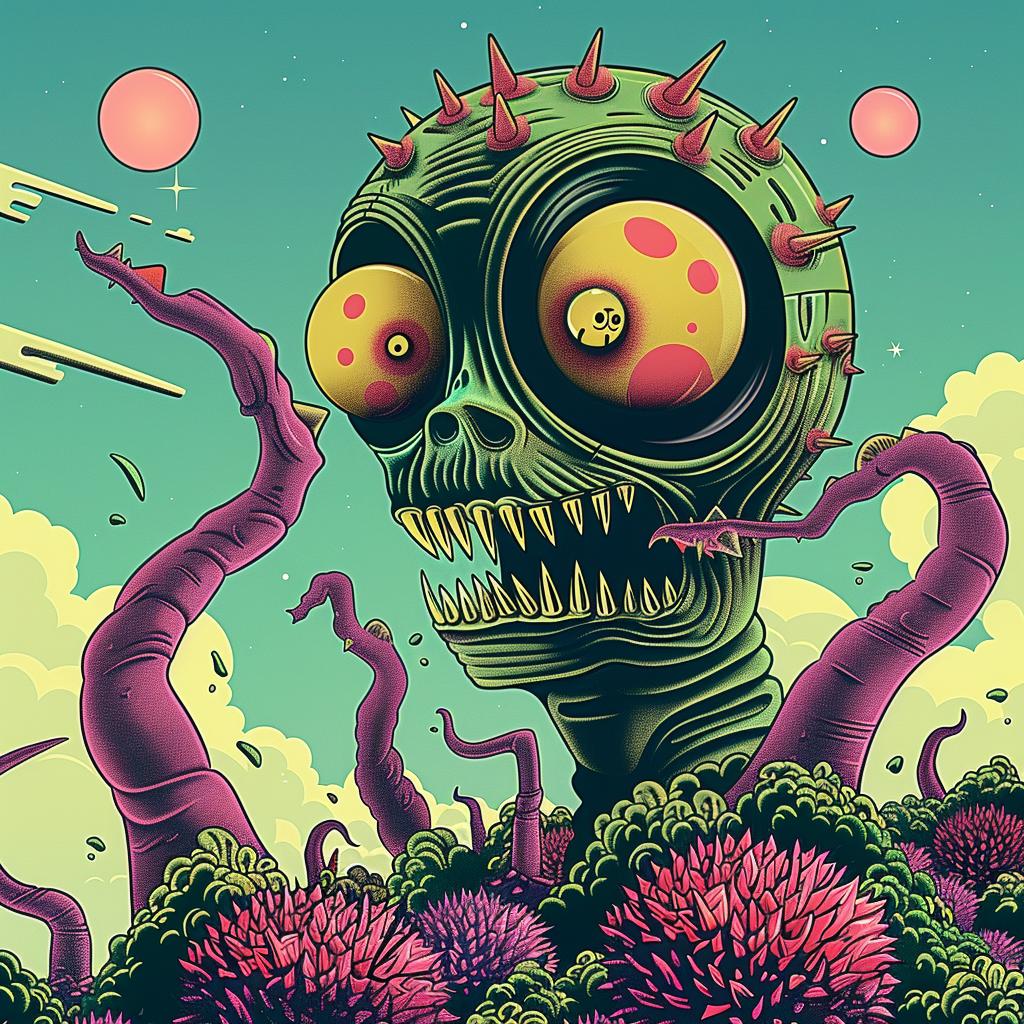alien  cartoon  tentacles  flowers  whimsical  illustration  surreal  character  vibrant  colorful 946837