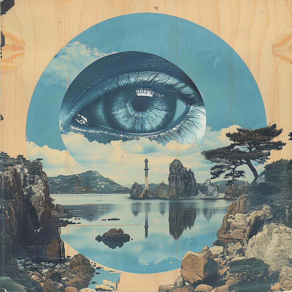 albumart risograph collage japonisme psychedelic surrealism vintage indigo beige sci-fi 1026623