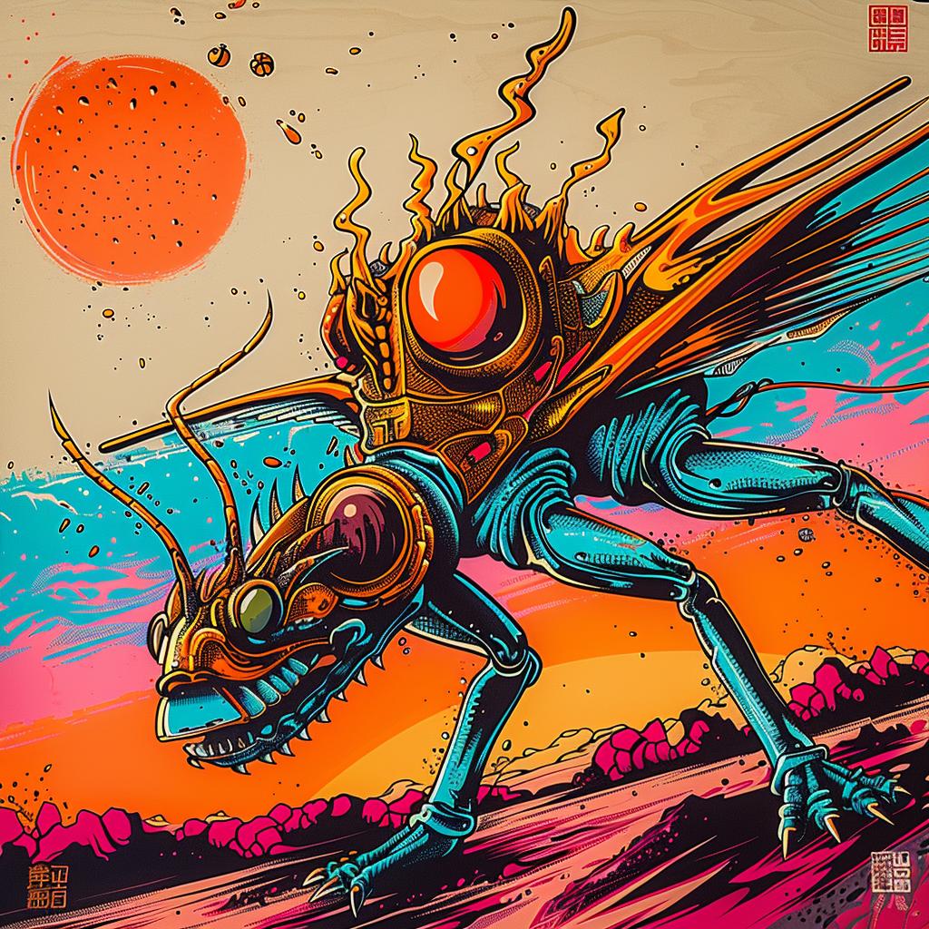 giant  insect  colorful  red  orange  background  painting  vibrant  art  style 949027