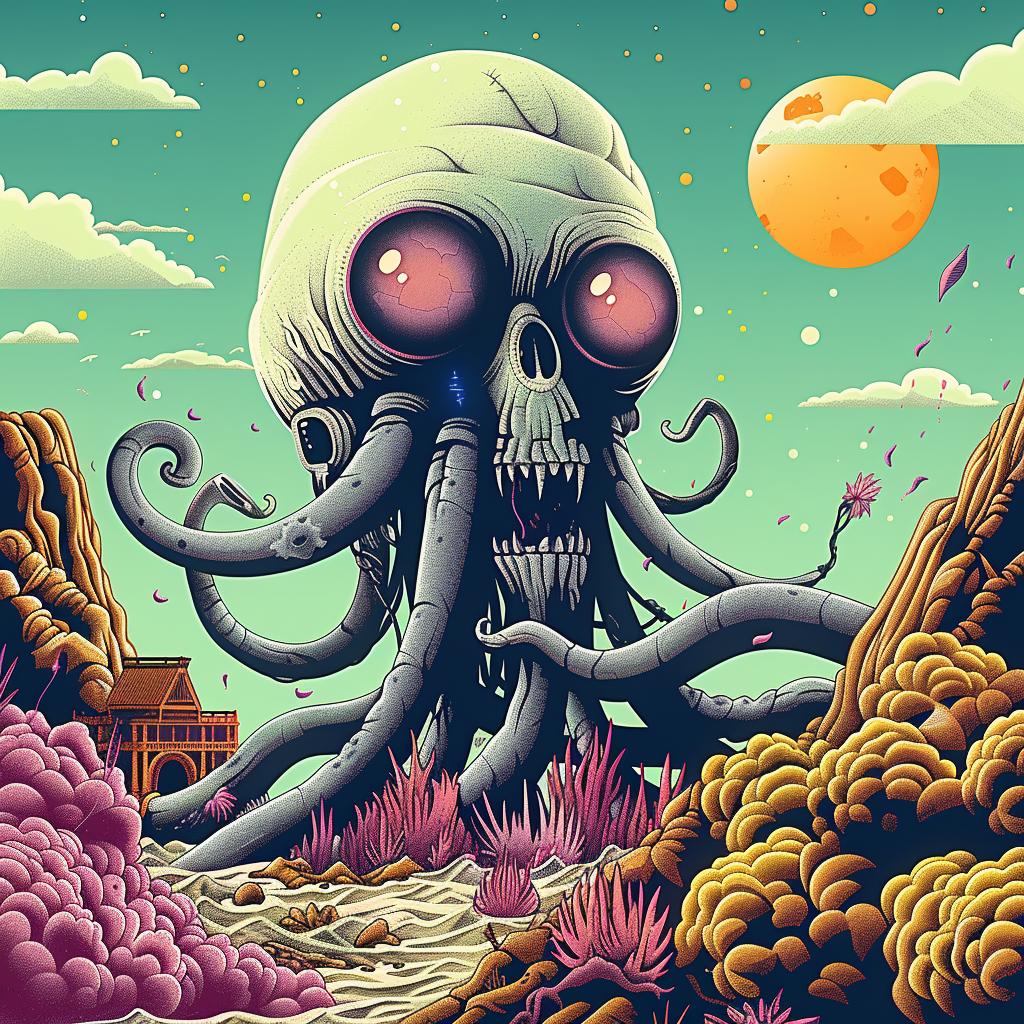 skull  tentacles  cartoonish  flowers  whimsical  art  creature  design  playful  colorful 946840