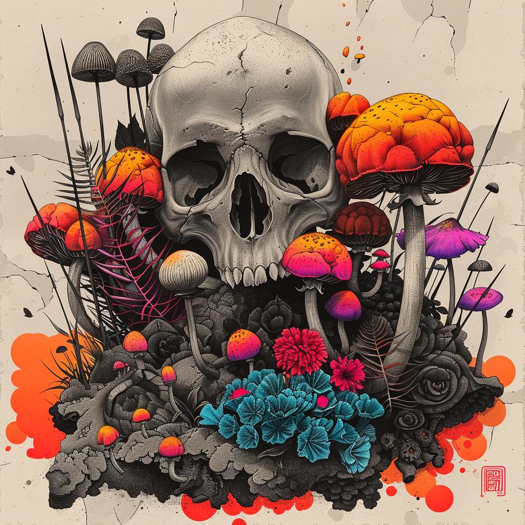 mushrooms  skull  canvas  Japanese  artwork  plants  intertwined  cluster  spores  design 1036270