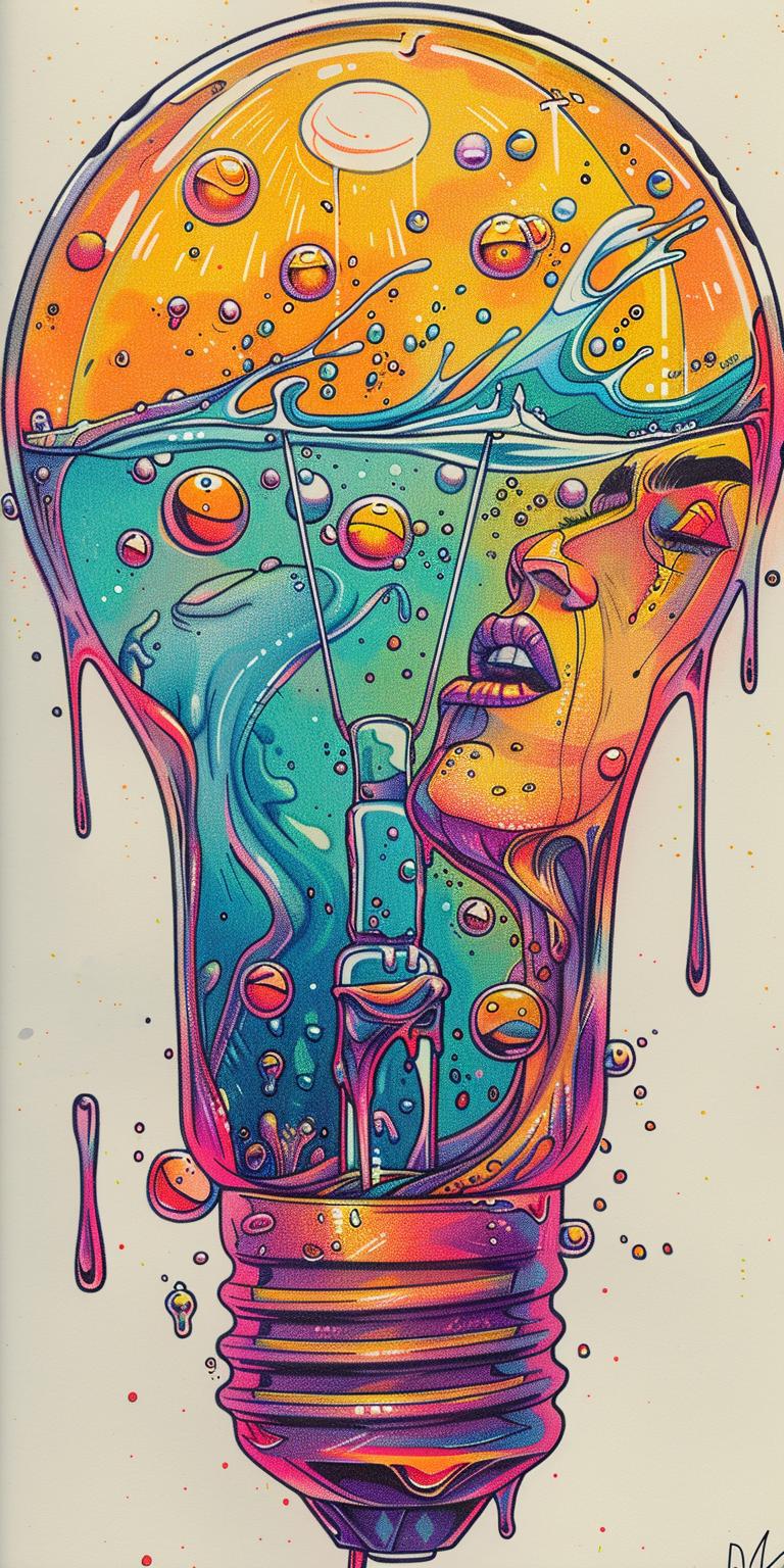 lightbulb  liquid  bubbles  woman  whimsical  drawing  vibrant  thought-provoking  fantasy  creative 940675
