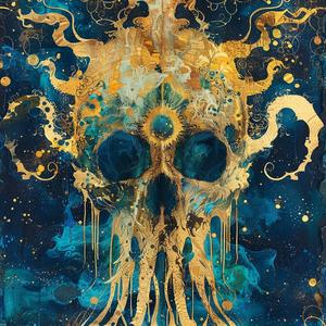 skull  gold  blue  pointillism  ArtNouveau  Surrealism  dark  occult  indigo  teal 1077008