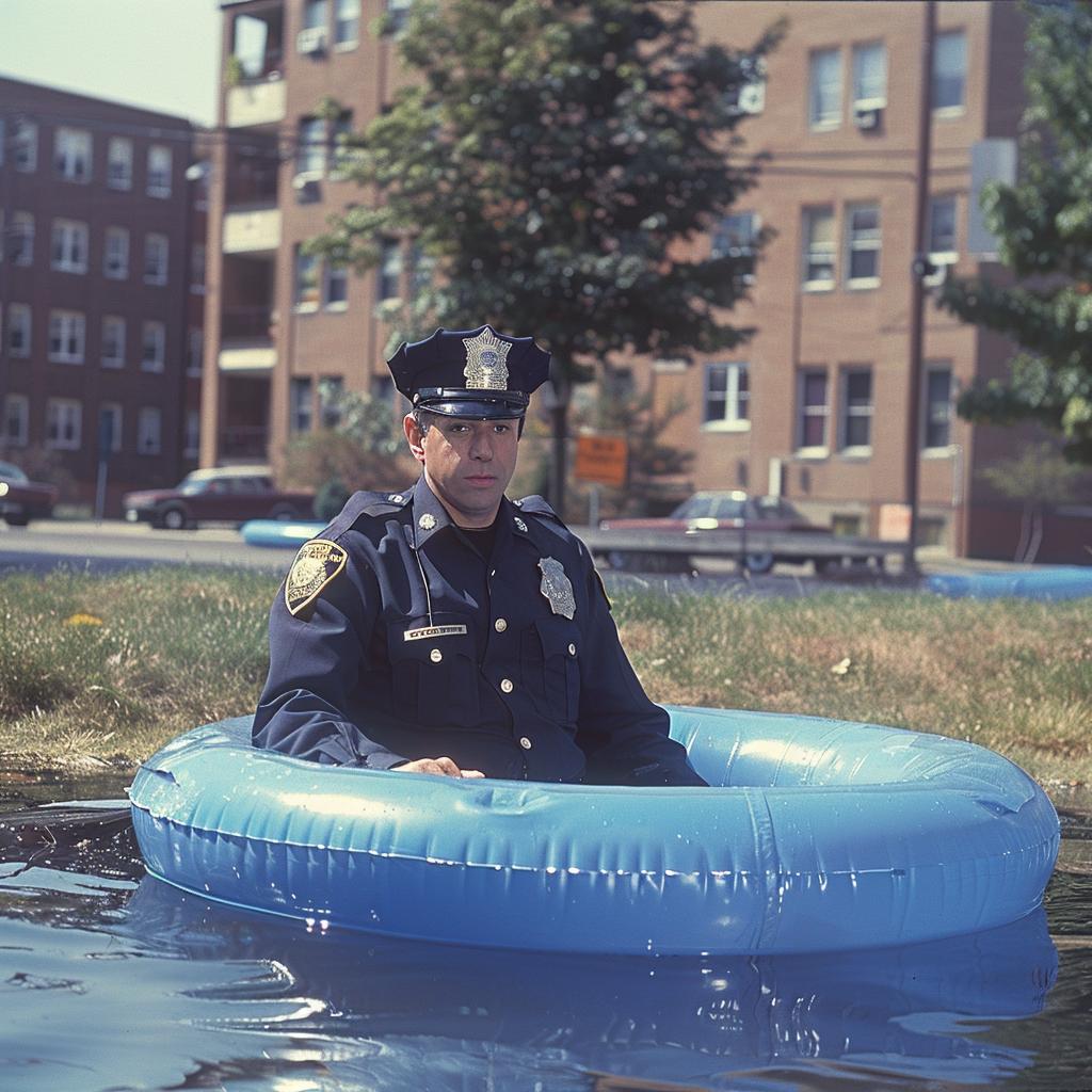 police  officer  wading  pool  humor  absurd  water  sitting  fun  outdoor 1023523