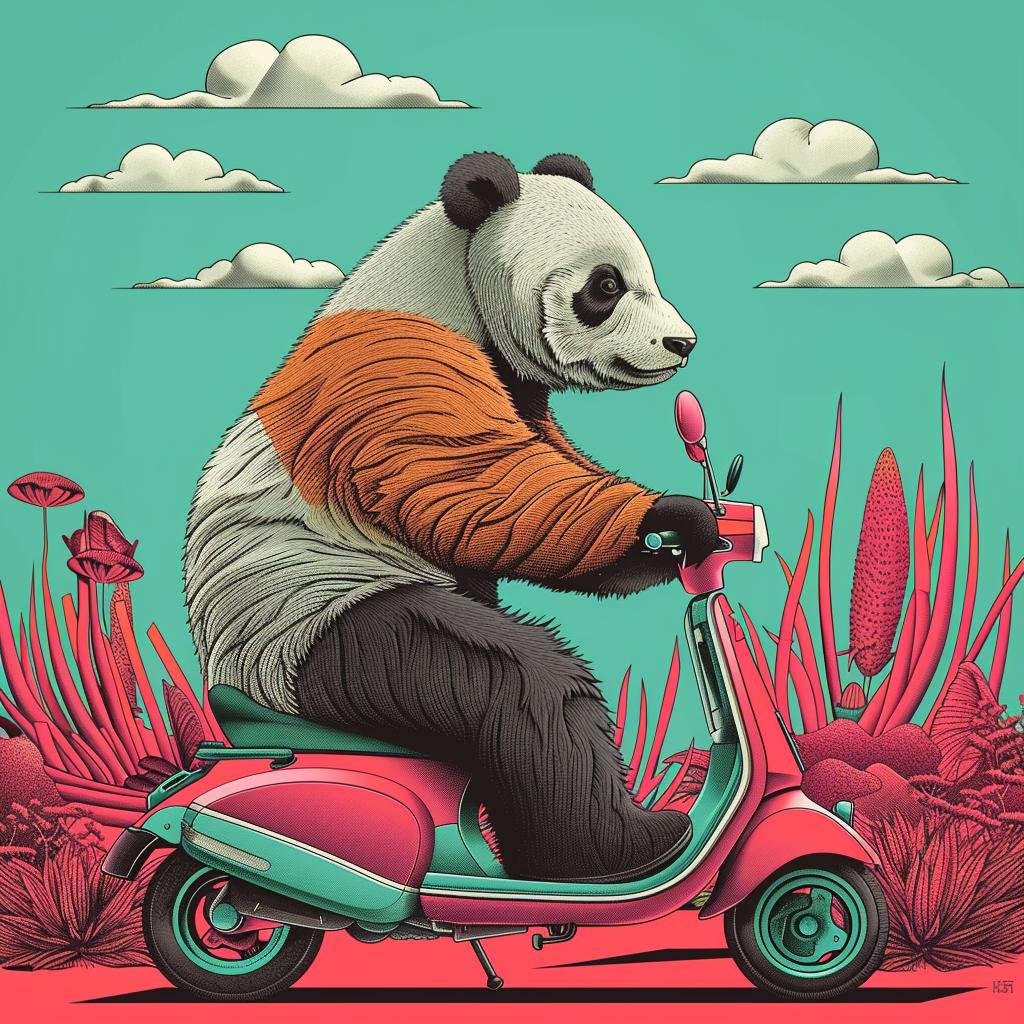 panda  scooter  pink  flowers  cute  illustration  whimsical  colorful  fun  cartoon 946925