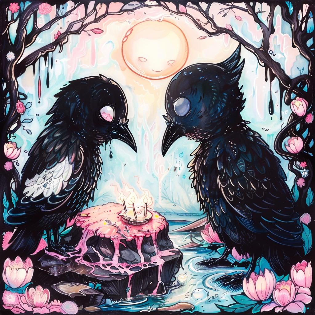 birds  cake  pink  dark  nature  spiritual  occult  introspective  whimsical  illustration 925928