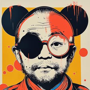 surreal  man  glasses  MickeyMouse  hat  albumcover  Risograph  symbolist  hyperrealistic  screenprinting 1080024