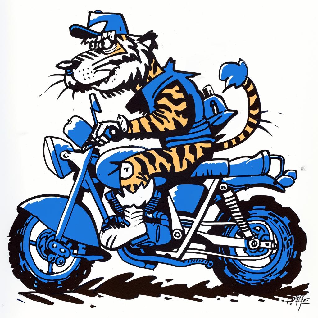 tiger  motorcycle  cartoon  funny  colorful  animal  adventure  whimsical  playful  graphics 1025436
