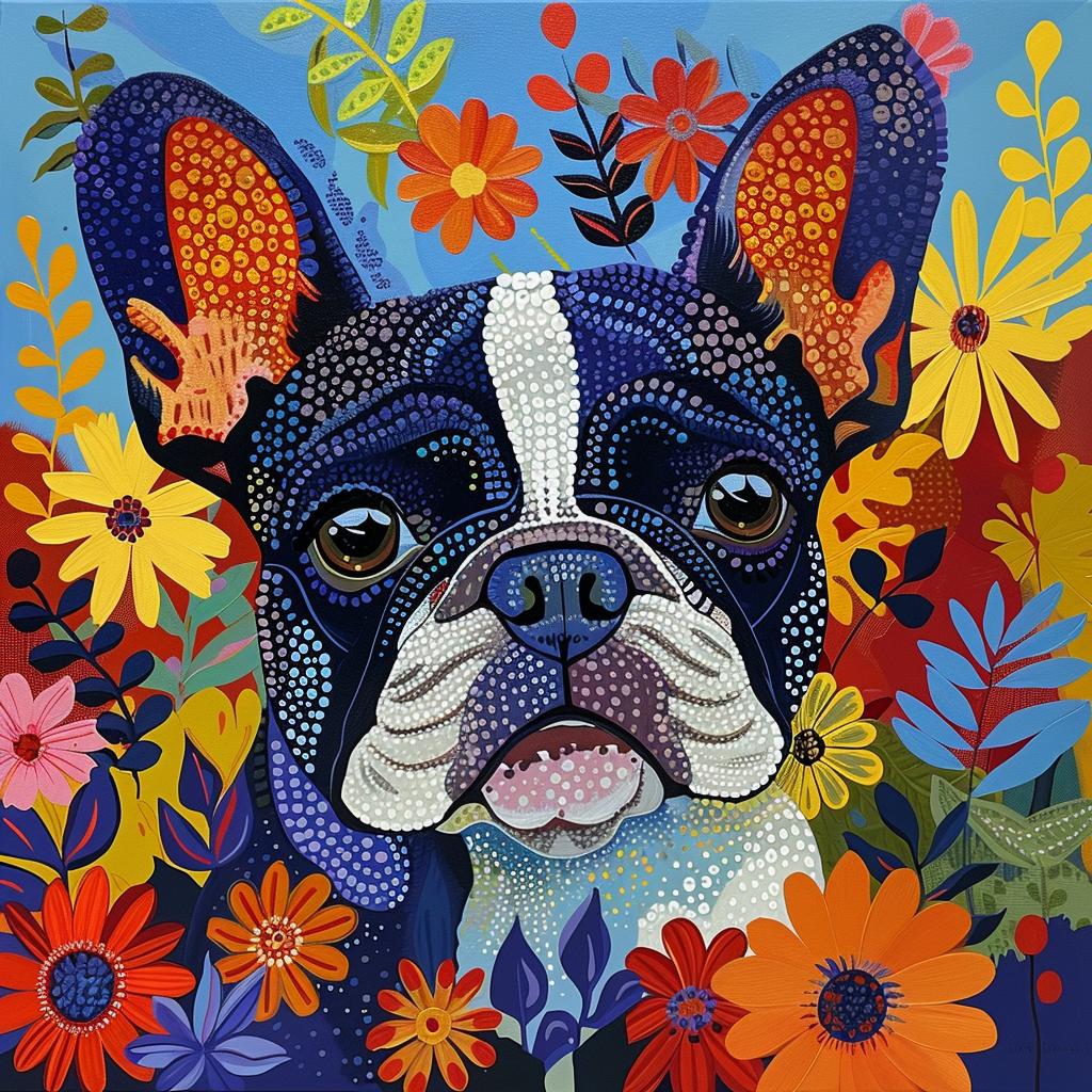 french  bulldog  flowers  countryside  vibrant  textured  faith  whimsical  composition  painting 938639
