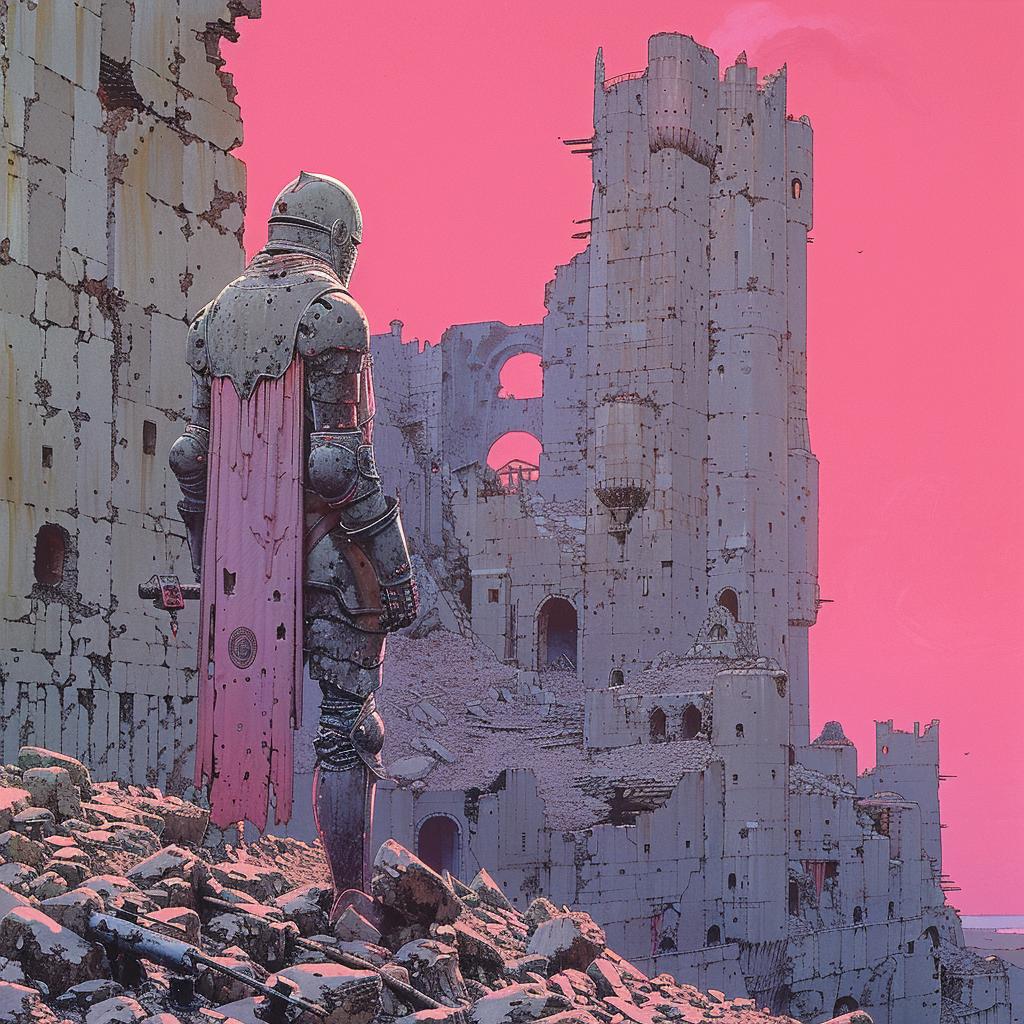 giant  warrior  castle  pink  sky  mysterious  heroic  moebius  dark  landscape 1021235