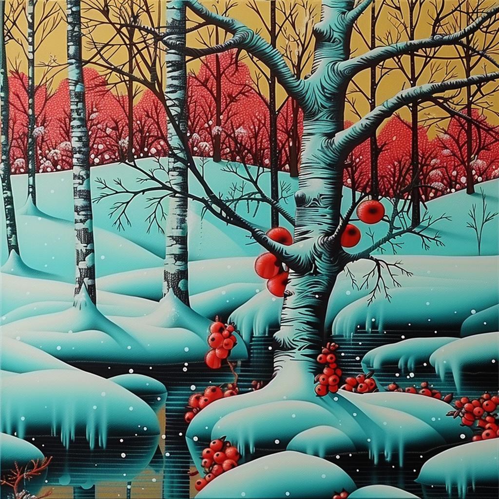 forest  winter  animated  vibrant  folk  illustration  colorful  nature  red  snow 945206
