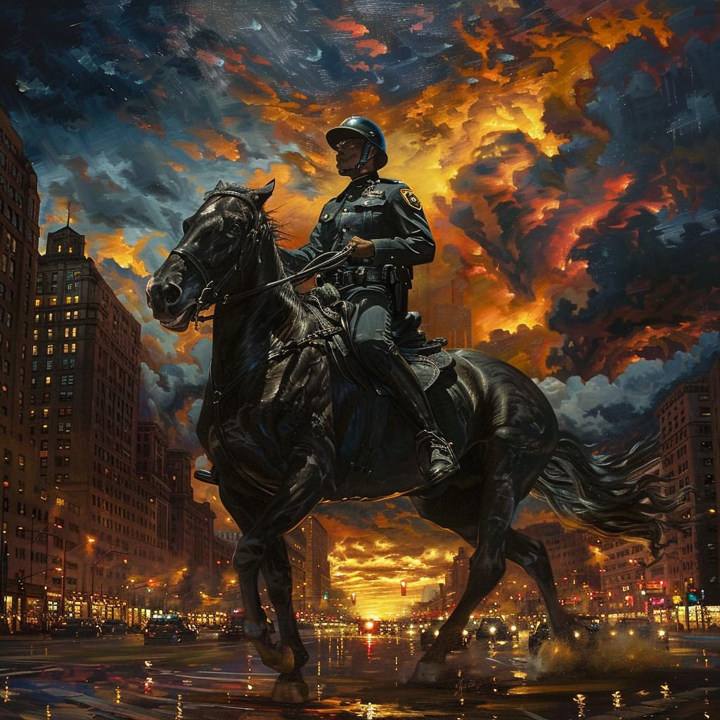 painting  policeman  horse  urban  city  action  mounted  illustration  serious  dynamic 1023550