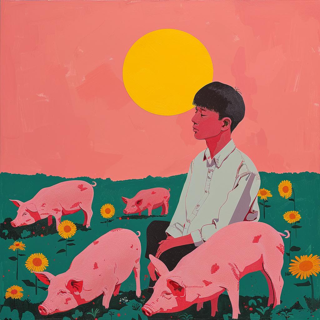 creative  surreal  album  cover  boy  field  pigs  painting  Cornella  art 1017526