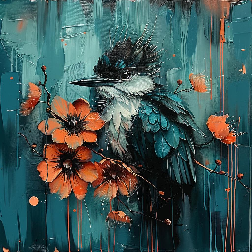 bird  flowers  teal  orange  painting  nature  vibrant  floral  colorful  art 963637
