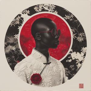 surreal  album  cover  red  white  flowers  screenprinting  symbolist  portrait  AfricanAmerican 1077818