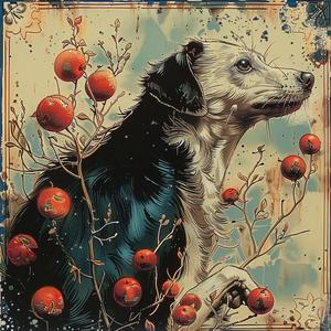 dog  berries  chromolithography  whimsical  nature  colorful  animals  playful  still life  art 1050044