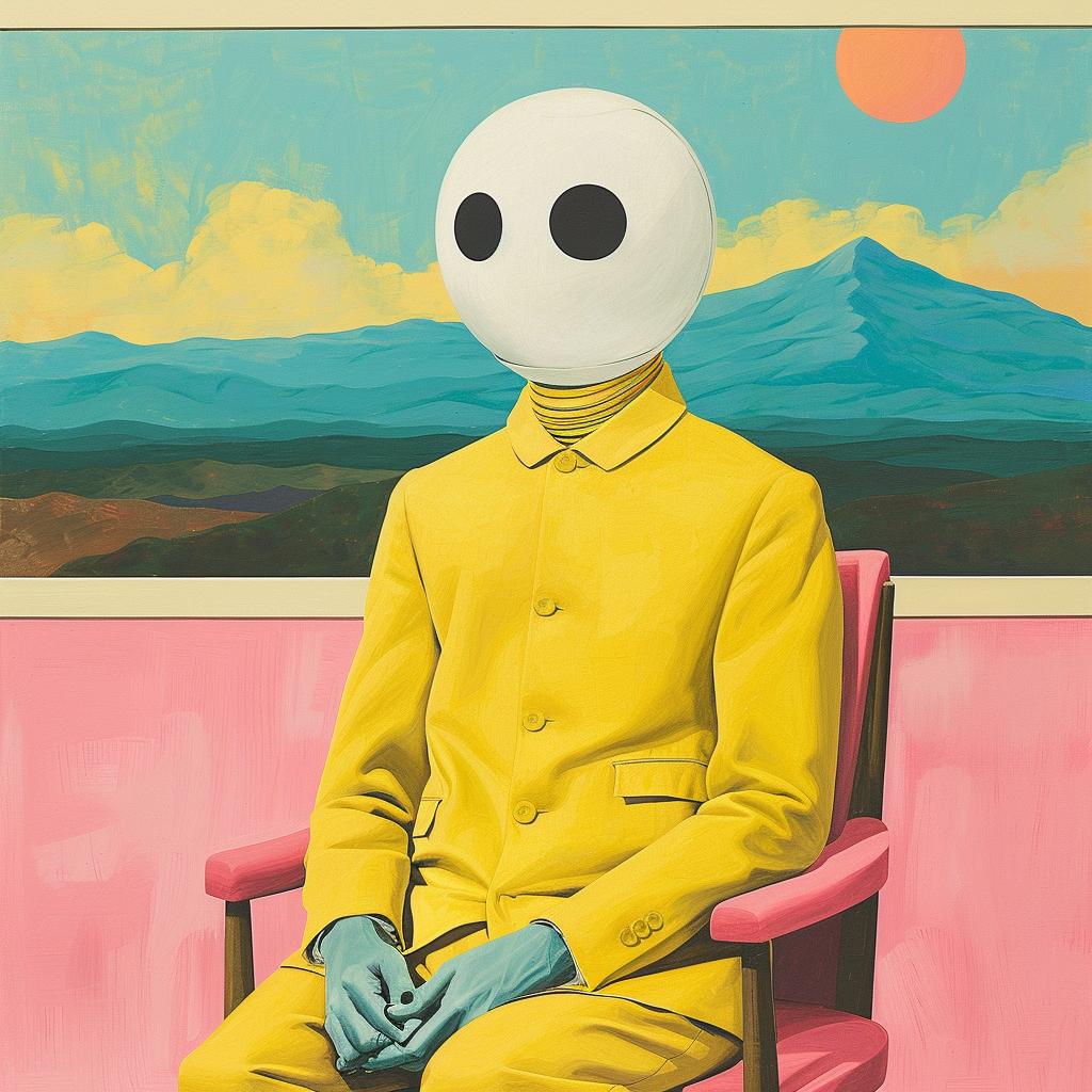 surreal  album  cover  painting  yellow  suit  pink  chair  artwork  colorful 1017922