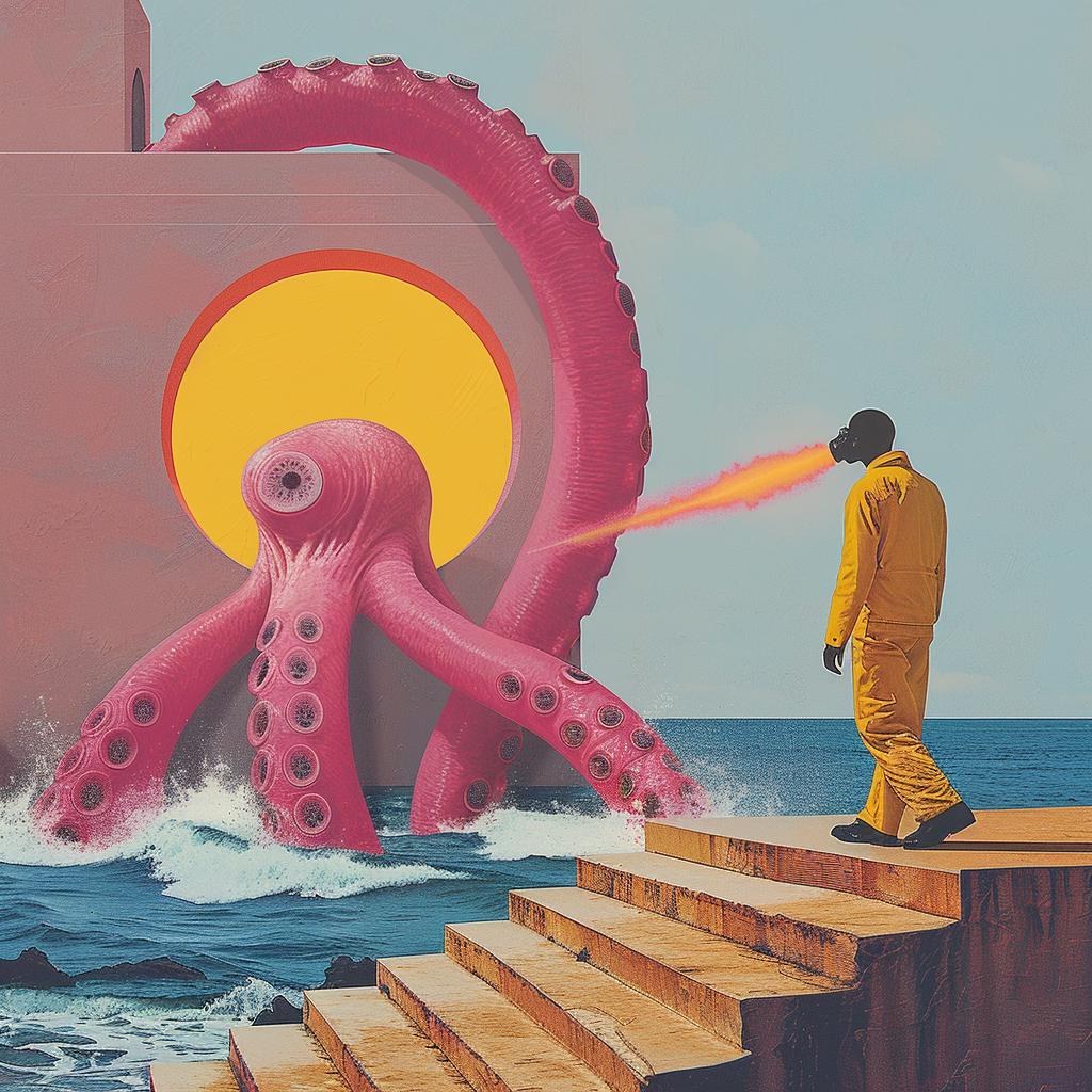 surreal  album  cover  octopus  steps  graphic  vivid  bold  creative  illustration 1018257
