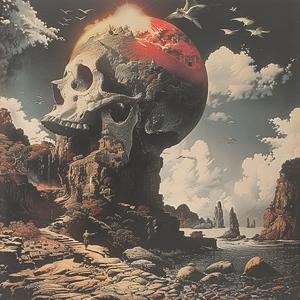 chromolithography  skull  mountain  red  sun  landscape  nature  symbolic  scene  artwork 1056021