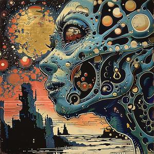 woman  spaceship  painting  comic  illustration  surrealism  ArtNouveau  vintage  gold  teal 1076375