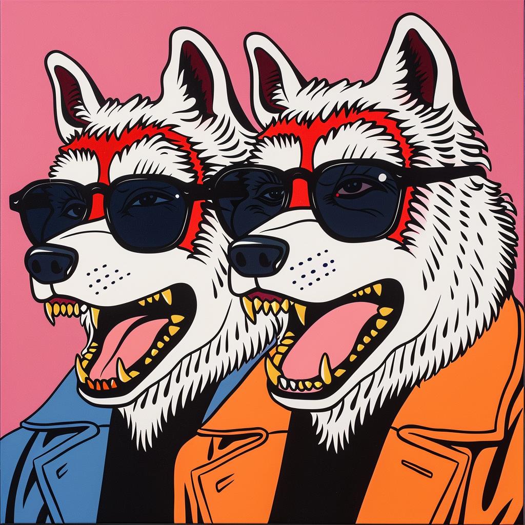 album  cover  wolf  three-headed  dogs  sunglasses  jacket  pink  background  stylized 1024765