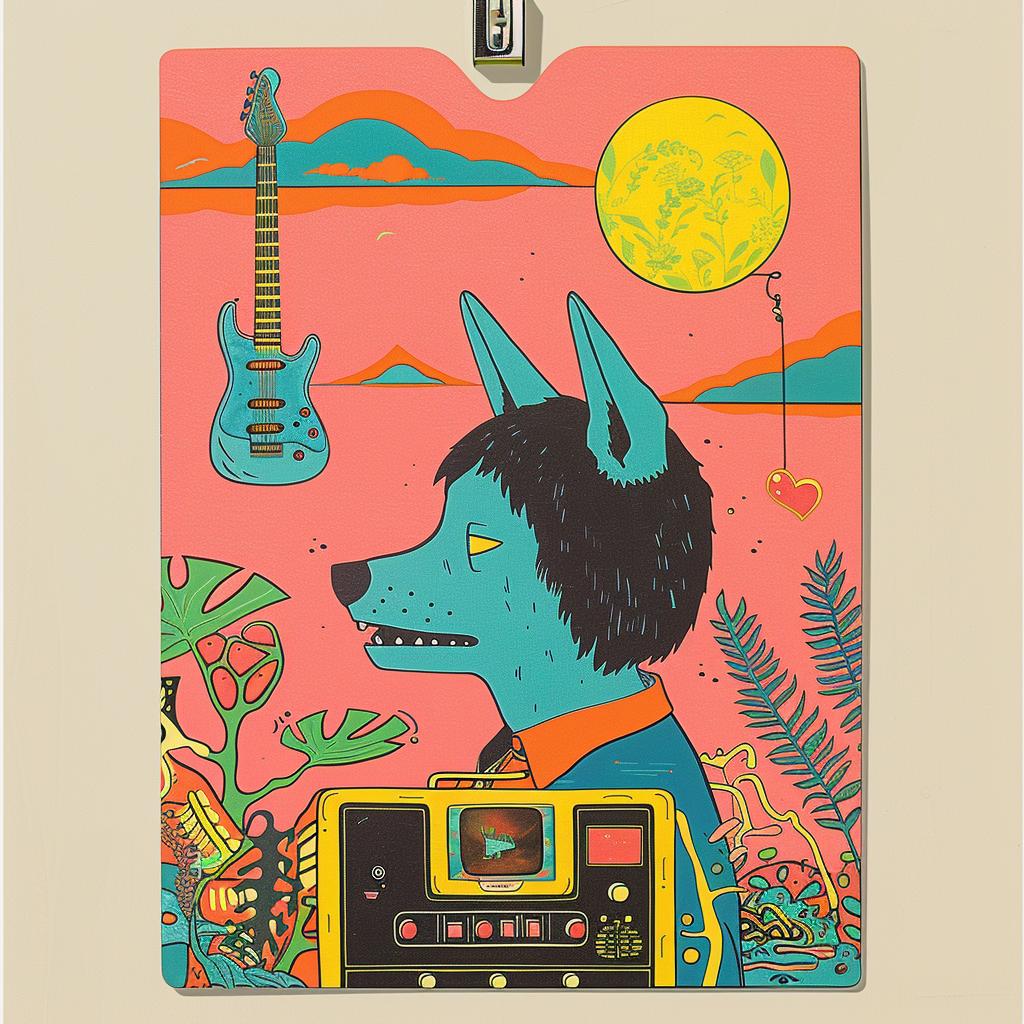 surreal  album  cover  dog  guitar  playful  whimsical  colorful  music  friendship 1018994