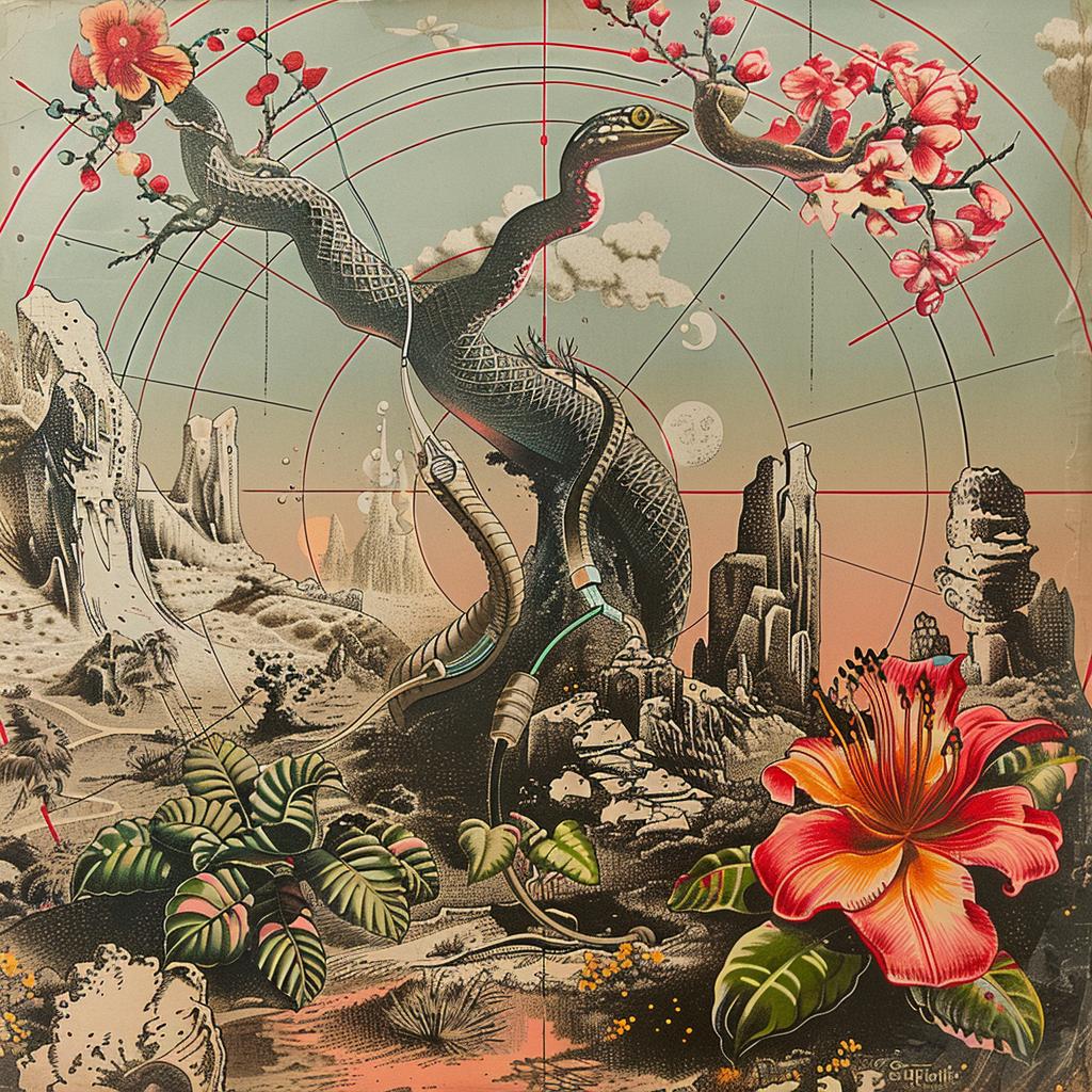 snake  flowers  rock  chromolithography  nature  painting  wildlife  vibrant  art  surreal 1036158
