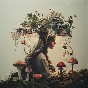 woman  umbrella  mushrooms  sitting  quirky  fantasy  chromolithography  whimsical  nature  playful 1040070