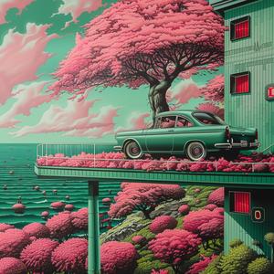 minimal  chromolithography  car  bridge  tree  pink  surreal  transportation  landscape  artwork 1037680